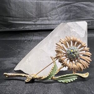 Vtg Sunflower Brooch Pin AB Rhinestone‎ Center Gold Tone Floral Cottagecore Boho